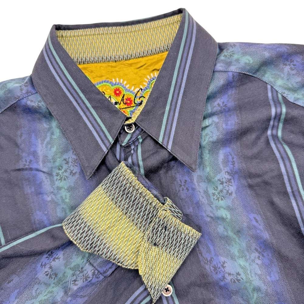Robert Graham Men's Large Blue Green Jacquard Print Long Sleeve Flip‎ Cuff Shirt